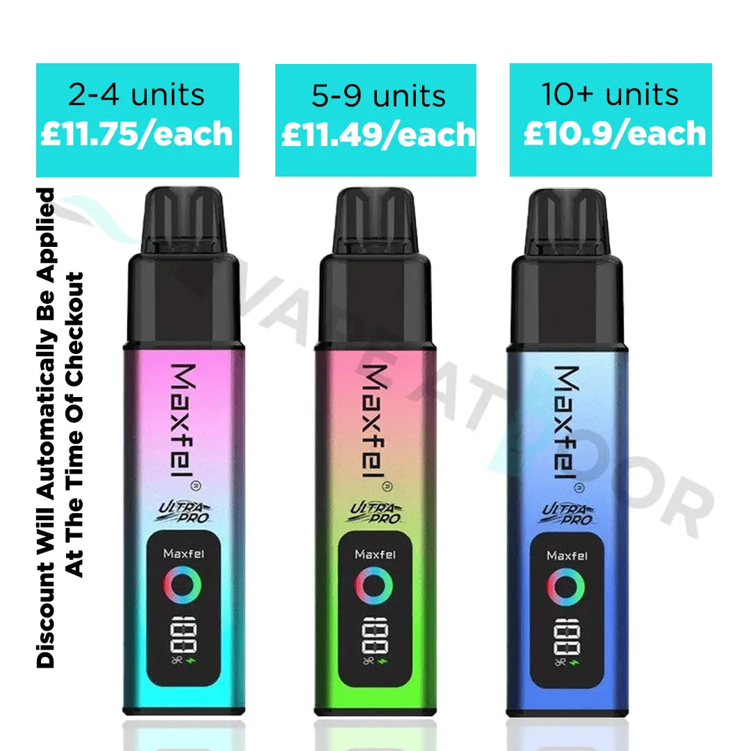 Three Maxfel 35k vape devices with pricing information displayed above them on a white background.