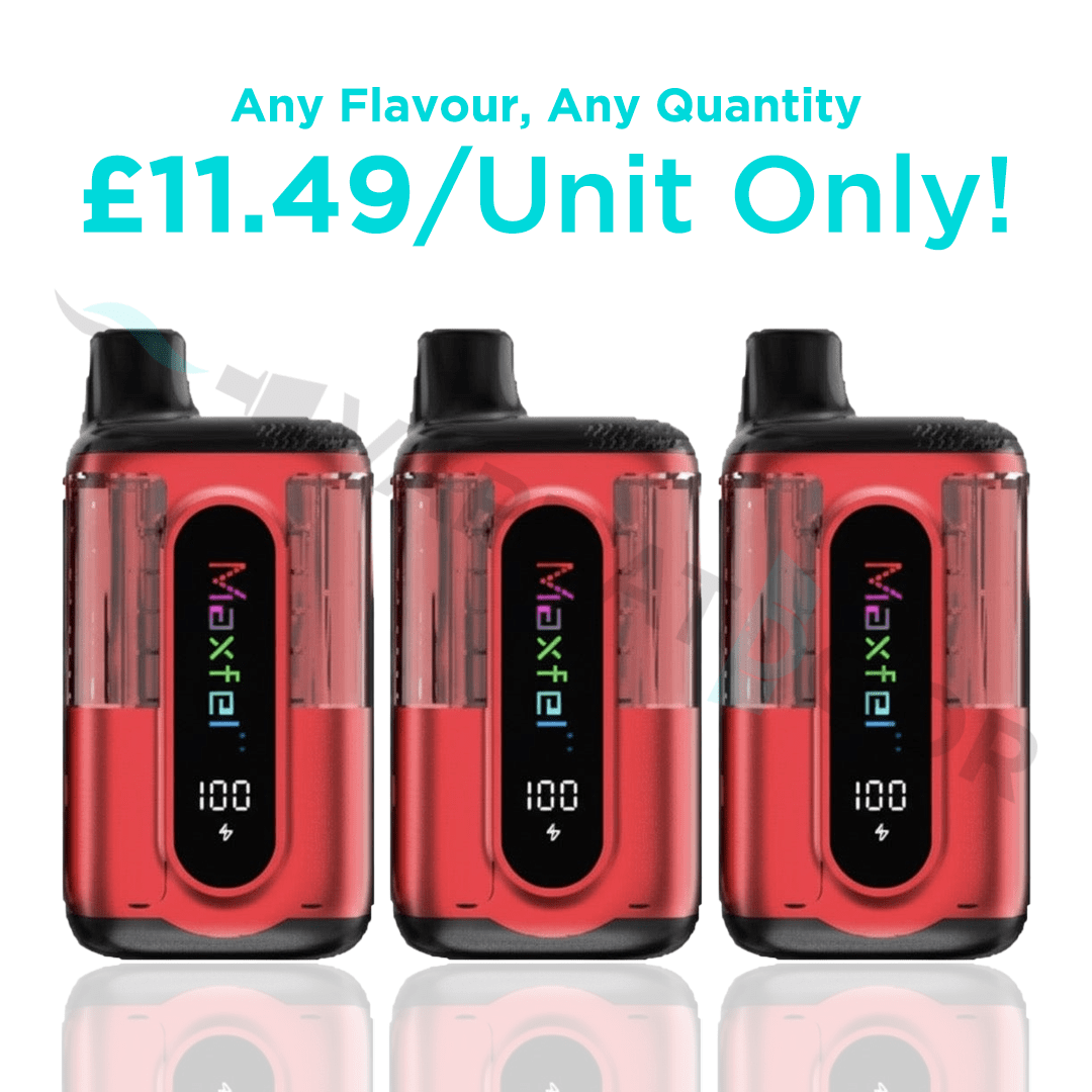 Three red Maxfel Ultra Twinkle Prefilled Pod Kits on a white background with promotional text.