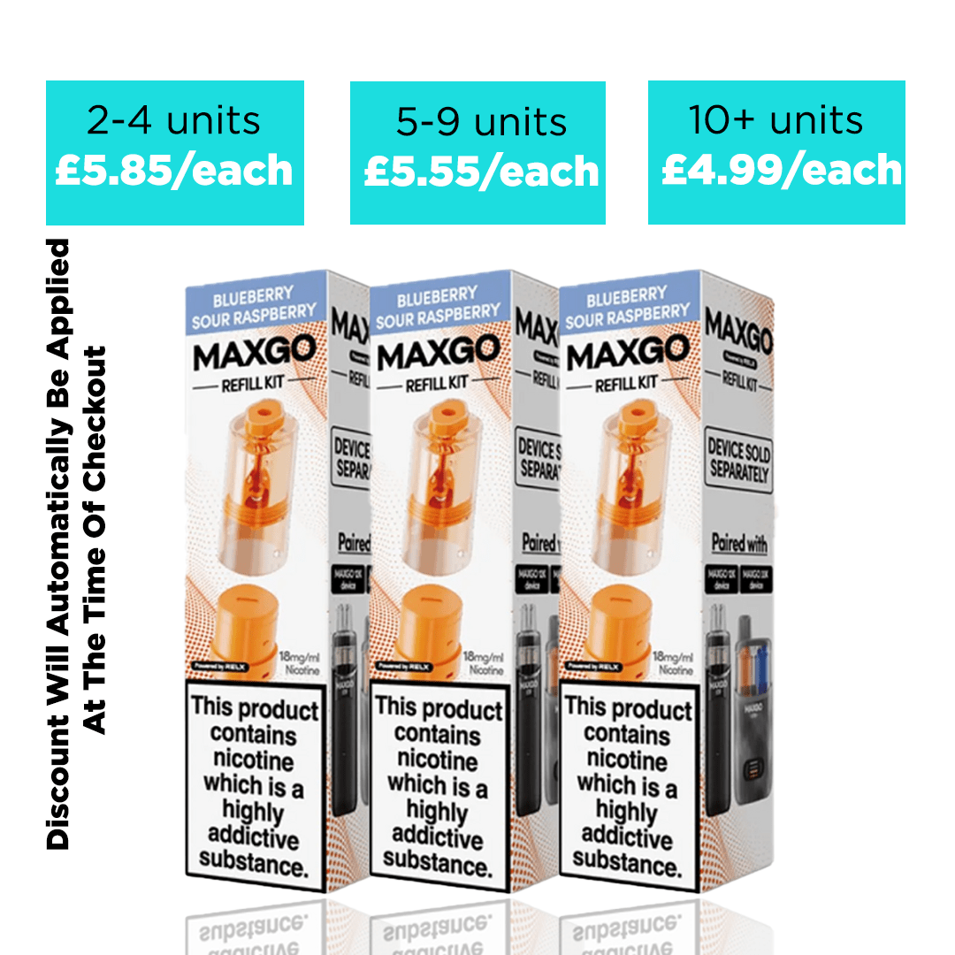 MAXGO refill pods packaging with pricing information on a white background