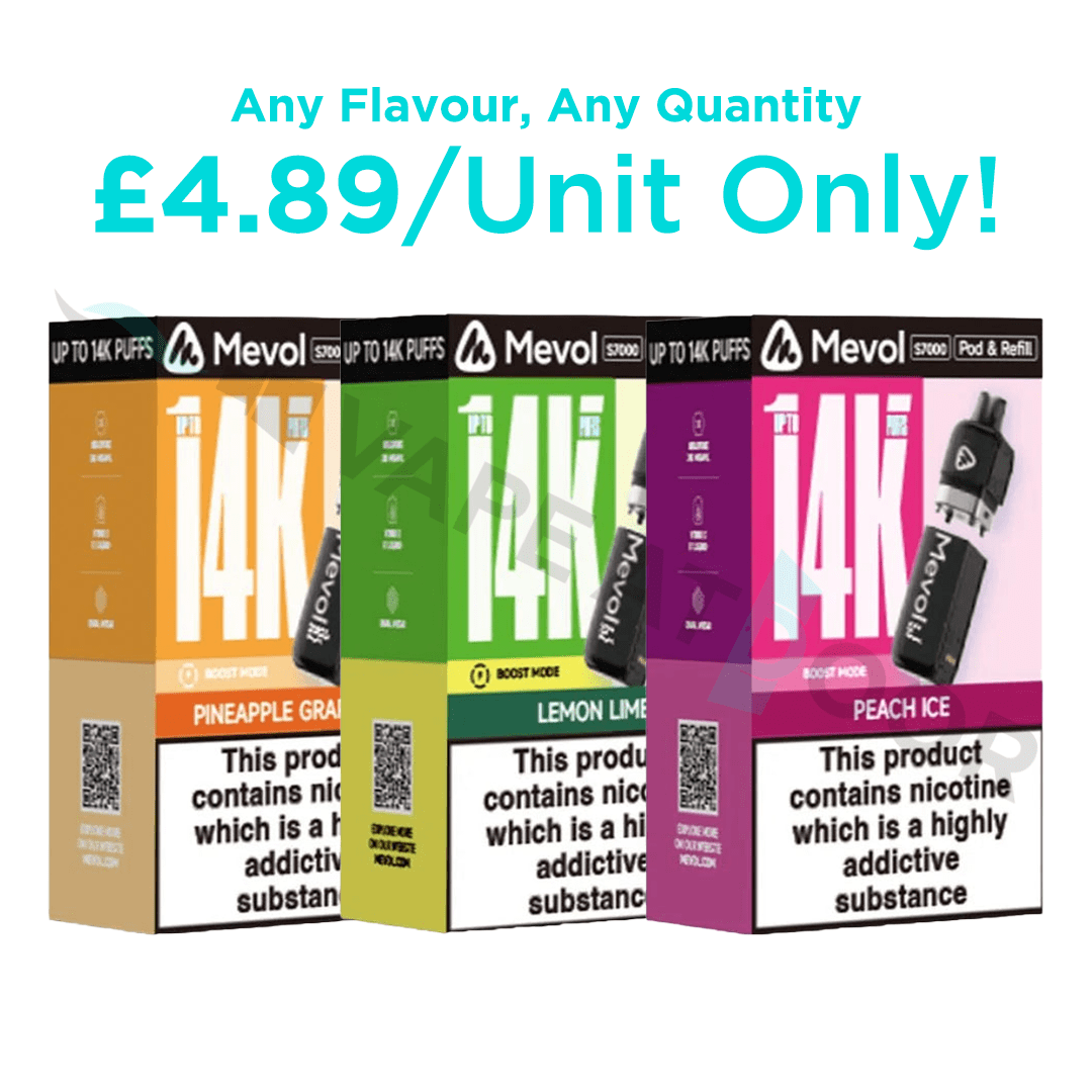 Four Mevol S7000 Refill Pods boxes in different flavors with promotional text on a white background.