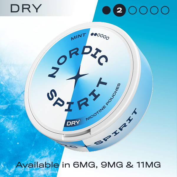 Nordic Spirit dry nicotine pouches container with blue and white design on a blue background