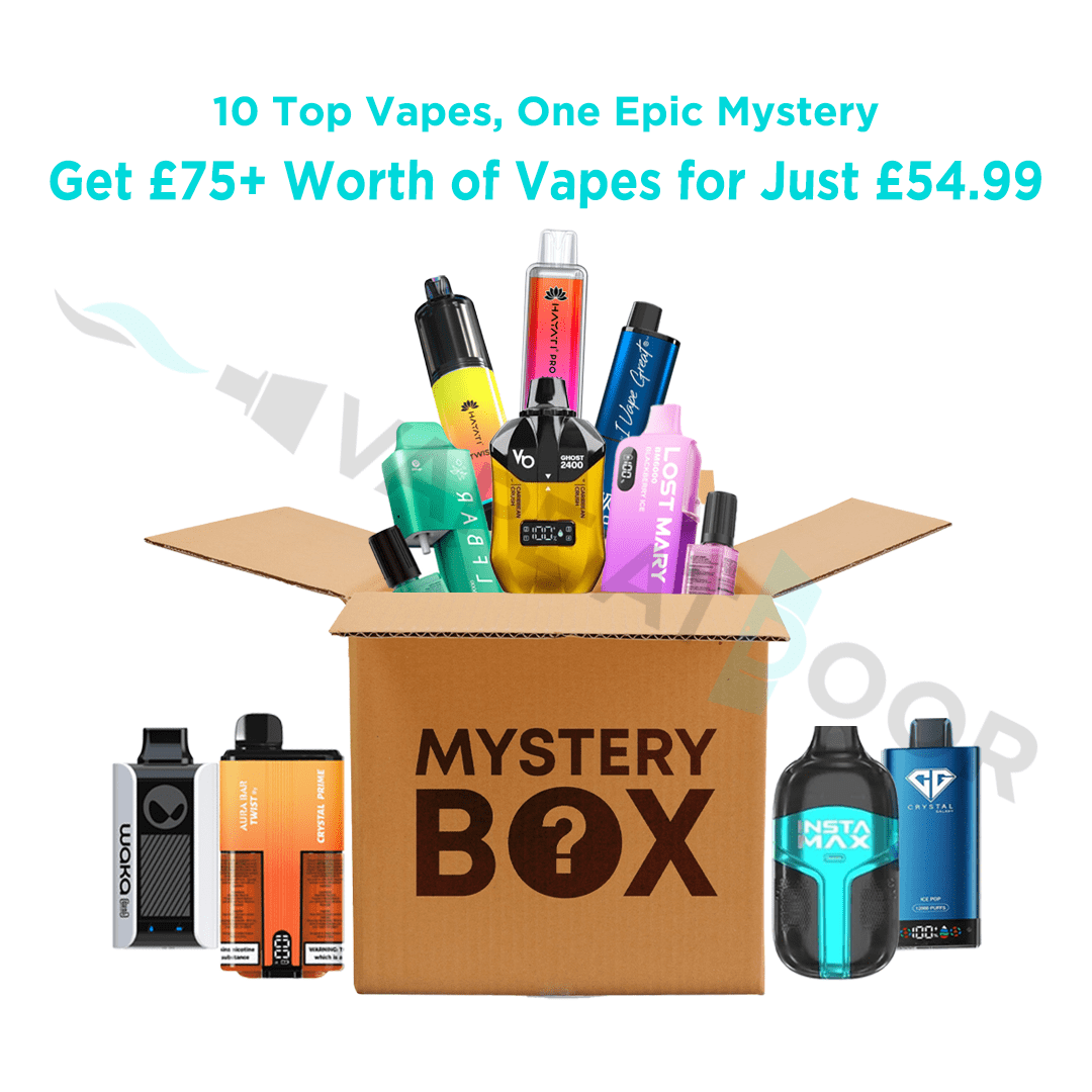 Mystery box of vapes with various vape devices displayed, promotional text about value for money.
