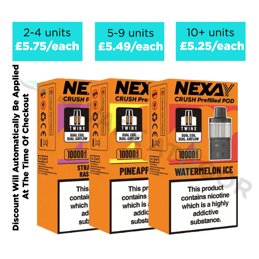 Three boxes of Nexay Crush pre-filled pods with pricing and flavor information.