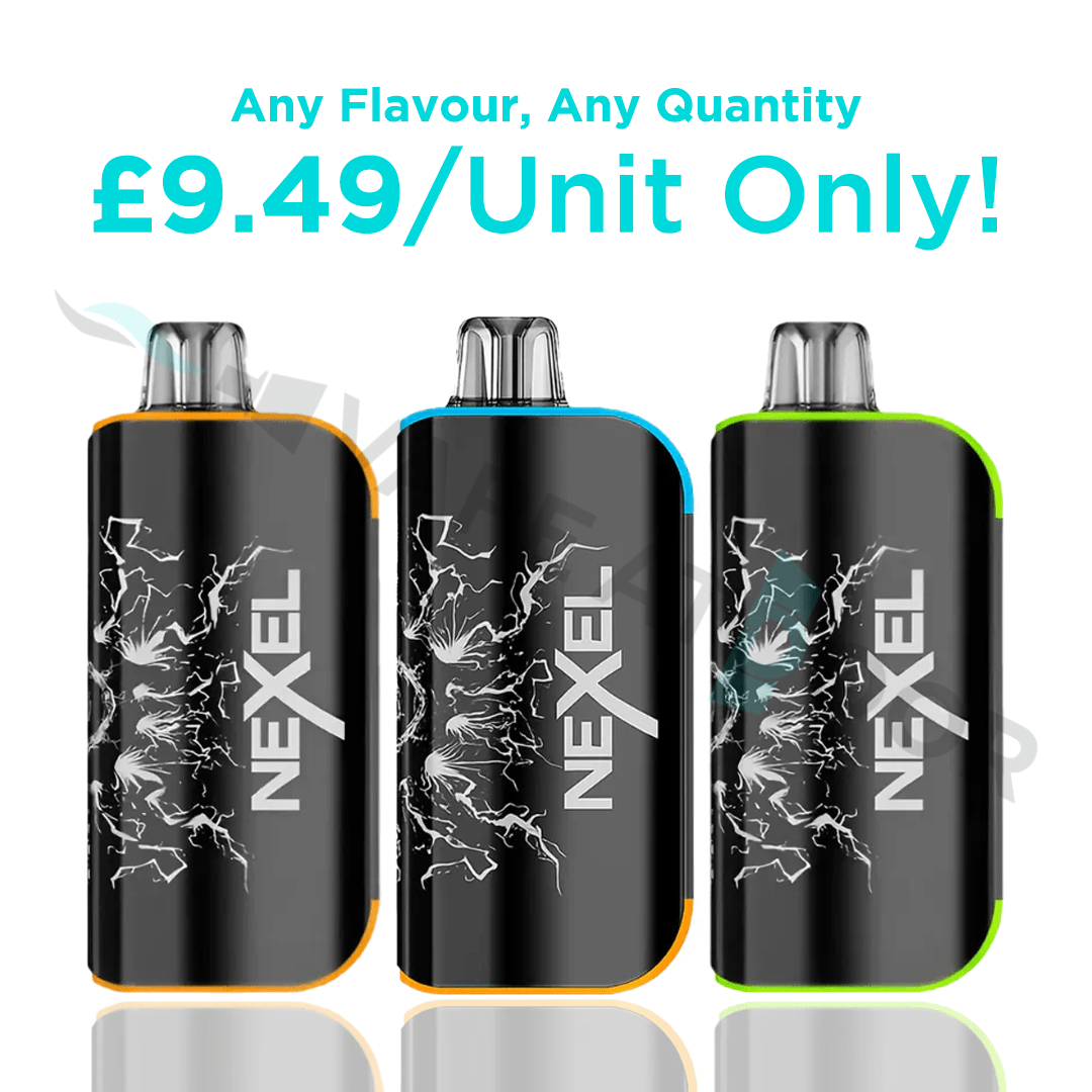 Three Nexel thunder 15k vape devices with a promotional offer on a white background