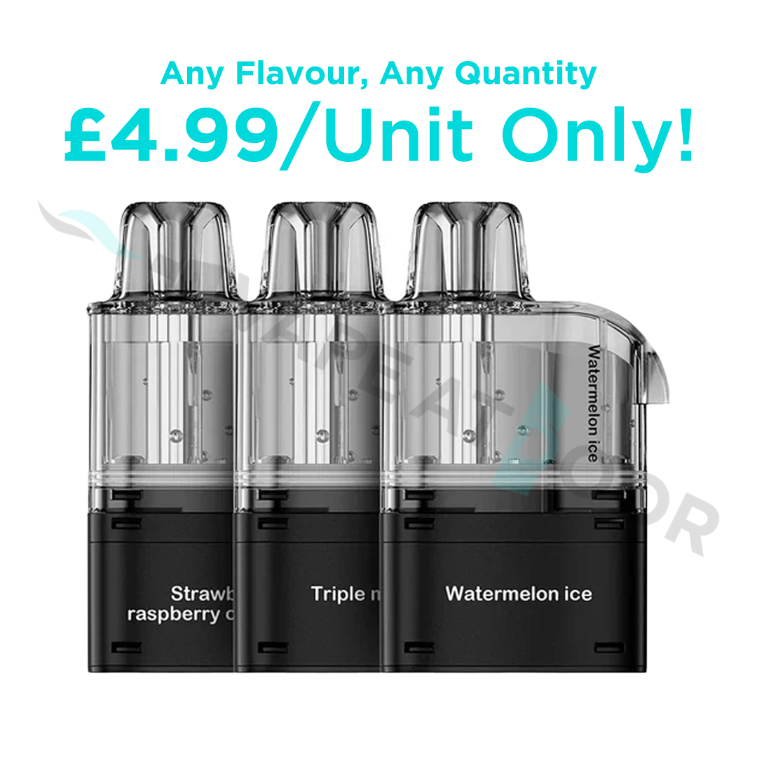 Three Nexel thunder 15k vape pods with flavor labels on a white background, promotional text about price and quantity.