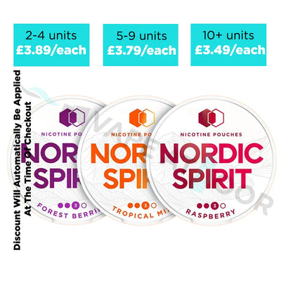 Three Nordic Spirit nicotine pouches with price and quantity discounts on a white background.
