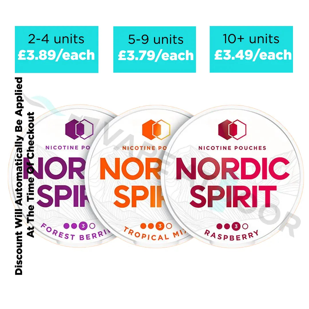 Three Nordic Spirit nicotine pouches with price and quantity discounts on a white background.