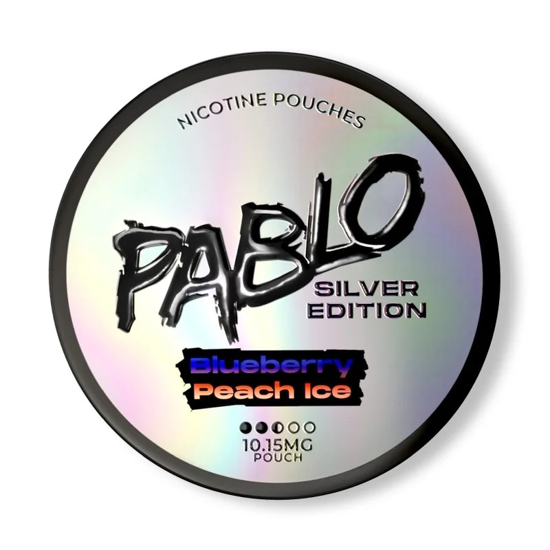 Pablo Nicotine Pouches Silver Edition packaging with blueberry peach ice flavor on a white background