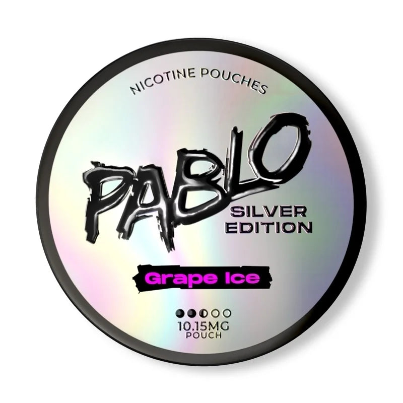 Pablo Nicotine Pouches Silver Edition Grape Ice packaging on a white background
