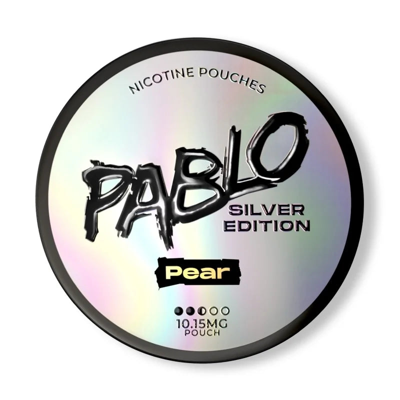 Pablo Nicotine Pouches Silver Edition container with Pear branding on a white background