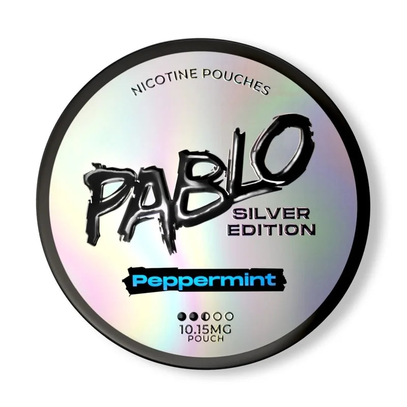 Pablo Nicotine Pouches Silver Edition packaging with peppermint flavor on a white background