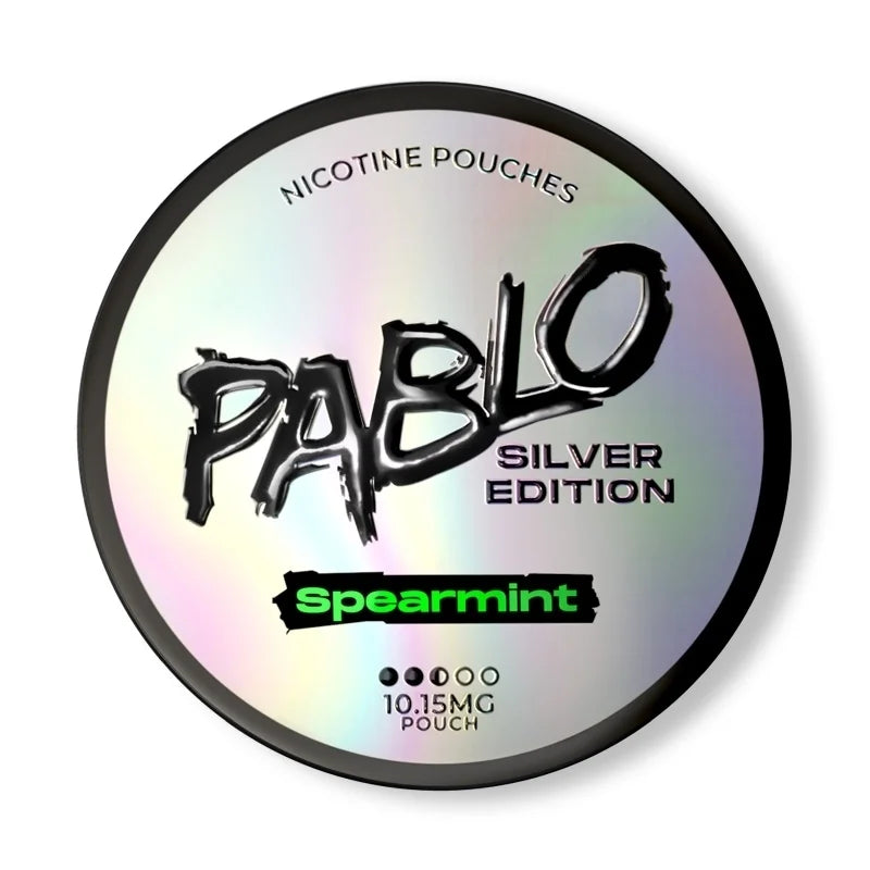 Pablo Nicotine Pouches Silver Edition packaging with spearmint flavor on a white background
