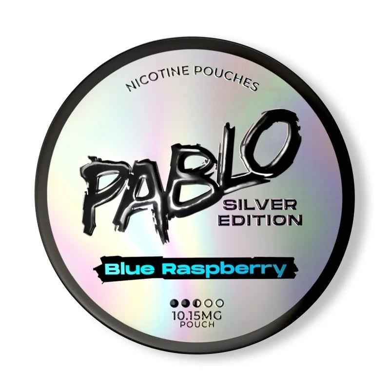 Pablo Nicotine Pouches Silver Edition Blue Raspberry packaging on a white background