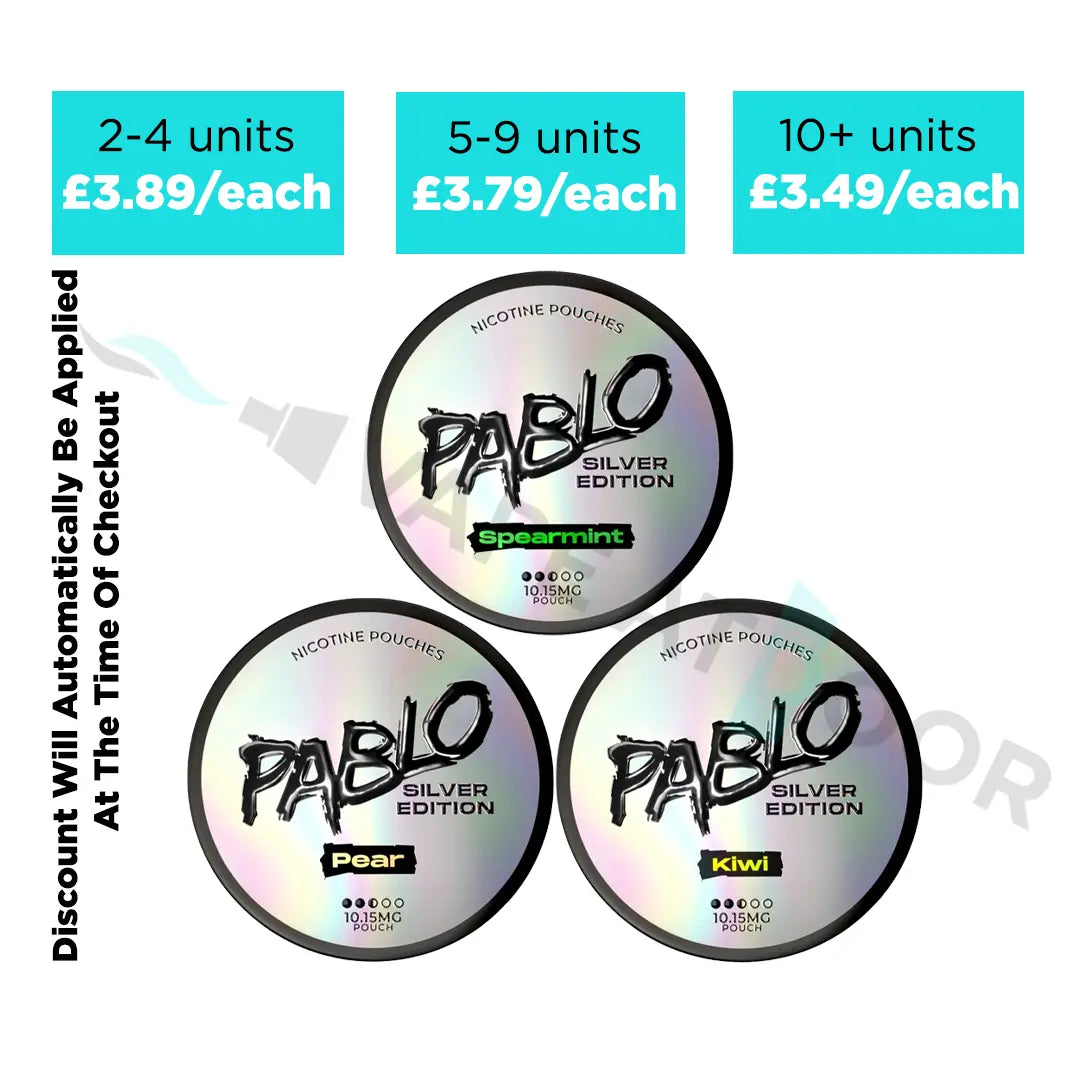Pablo Silver Edition nicotine pouches with pricing and discount information on a white background.