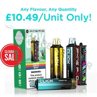 Pyne Pod Click 50k Vape devices and packaging with promotional text on a white background