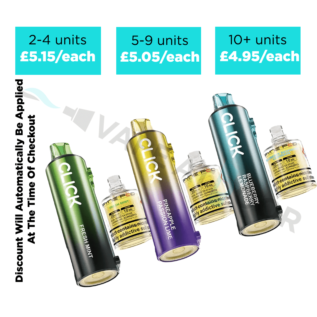 Pyne Pod Click 50k Replacement Prefilled Pods with pricing and discount information on a white background