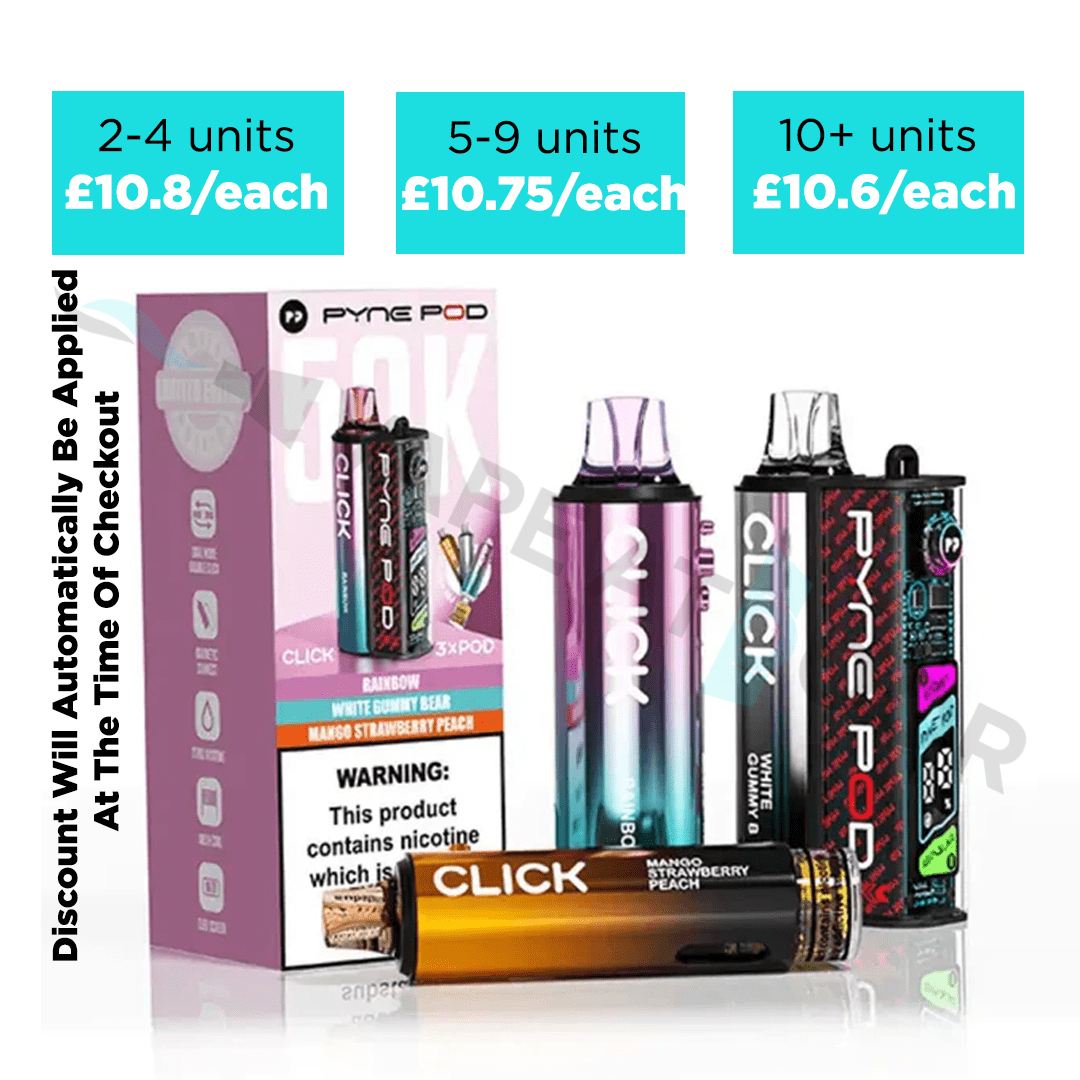 Pyne Pod Click 50k Prefilled Pod Kit with pricing and quantity discount information on a white background