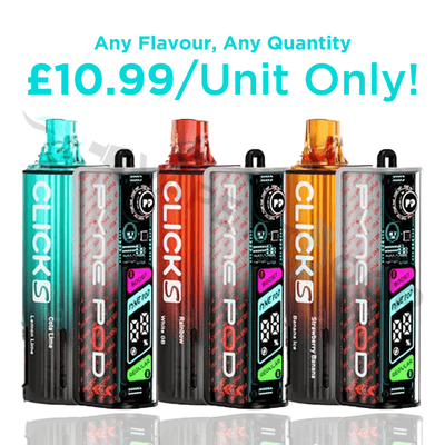 Three Pyne Pod Click S 30k Puff Devices with price details on a white background.