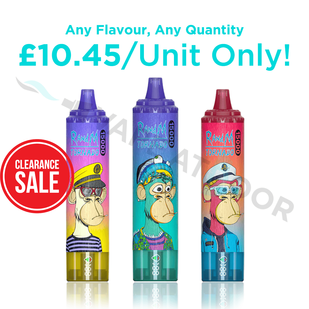 Three colorful Randm tornado 15000 vape devices with cartoon monkey characters on a white background, featuring a clearance sale label.