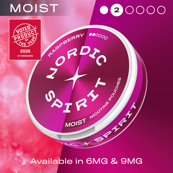 Nordic Spirit Raspberry nicotine pouches on a pink background with product details.