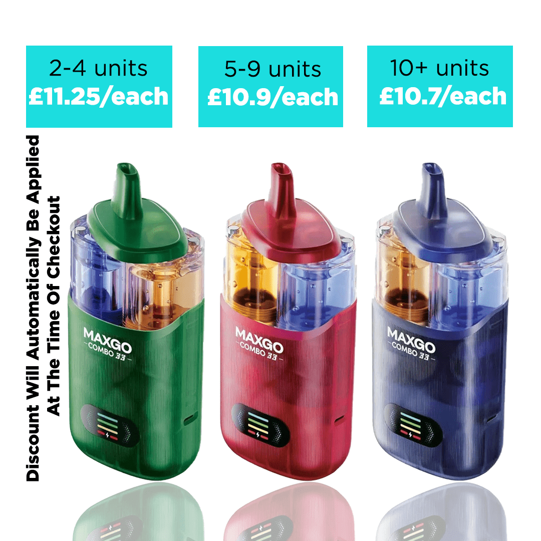 Three MAXGO combo 33k Puffs units in green, red, and blue with pricing information on a white background.