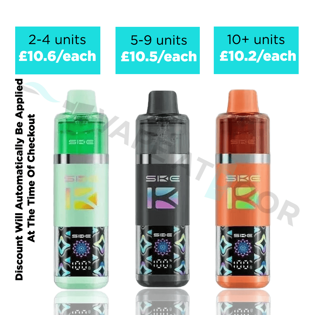 SKE Pro Max 30k prefilled vape kits in three colours displayed with bulk pricing: £10.6 each for 2–4 units, £10.5 each for 5–9 units, and £10.2 each for 10+ units, with note stating discounts apply automatically at checkout.