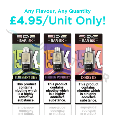 three Ske Bar 15k Puffs Prefilled Replacement Pods on a white background with Vape At Door watermark and pricing on top of it. 