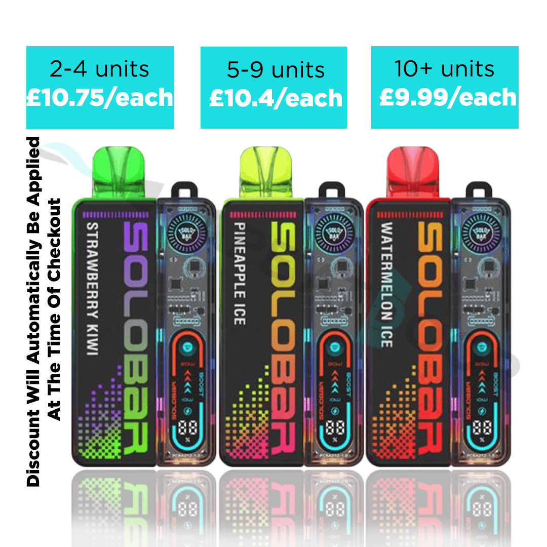 Three solobar boost 30k vape devices with multibuy discounts on a white background.