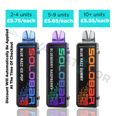 Three Solobar boost 30k vape replacement pods with different flavors and pricing information displayed.
