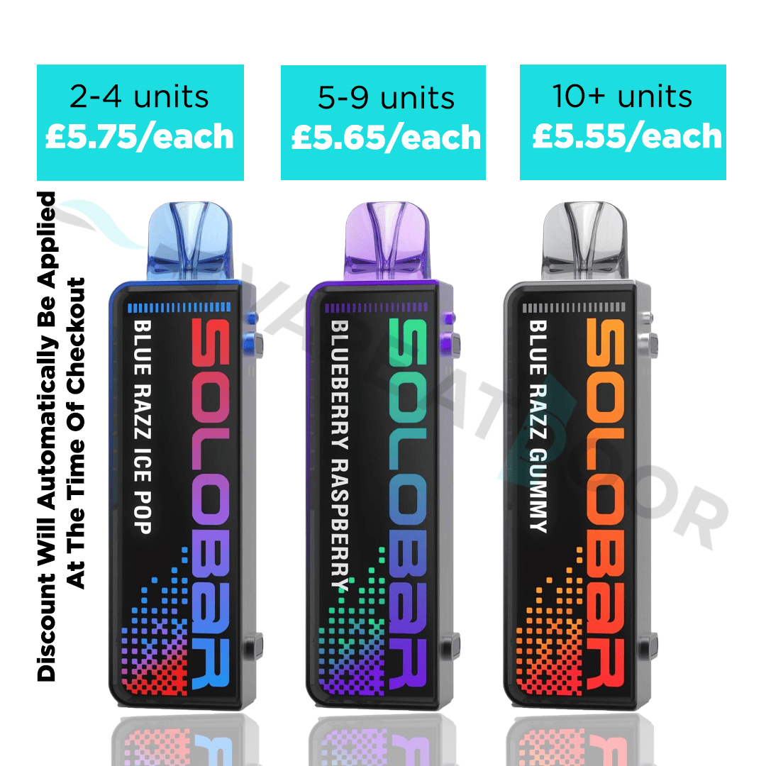 Three Solobar boost 30k vape replacement pods with different flavors and pricing information displayed.