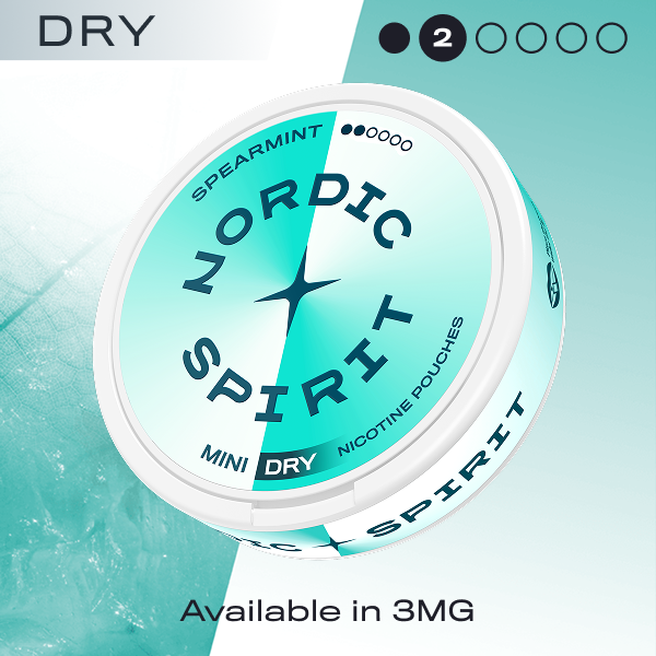 Nordic Spirit nicotine pouches packaging with spearmint flavor on a light blue background.