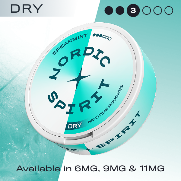 Nordic Spirit nicotine pouches packaging with spearmint flavor on a light blue background