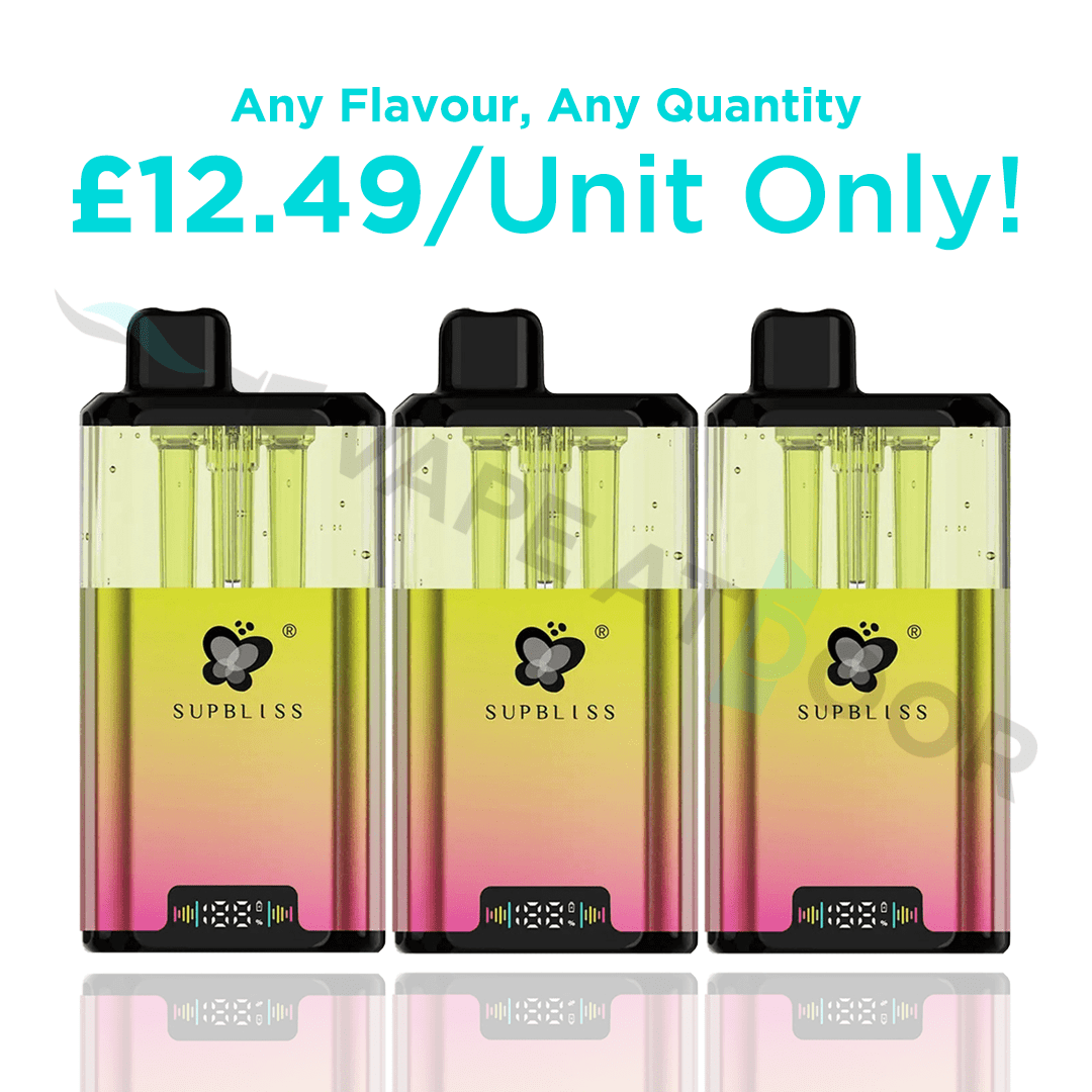 Three Supbliss Ace 40k vape devices with a promotional text about price and quantity on a white background.