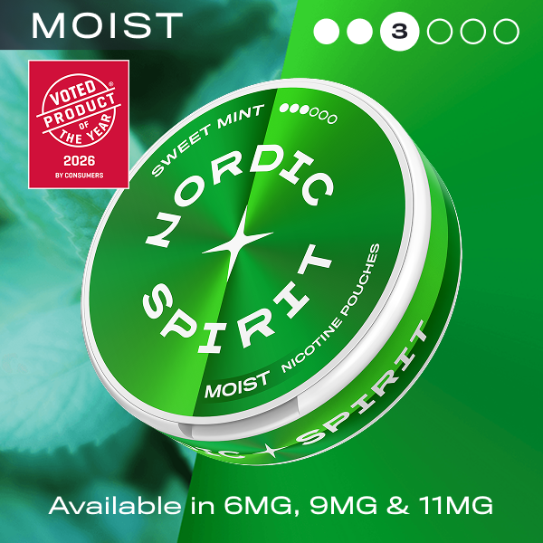 Nordic Spirit moist nicotine pouches packaging with green and white design on a green background.