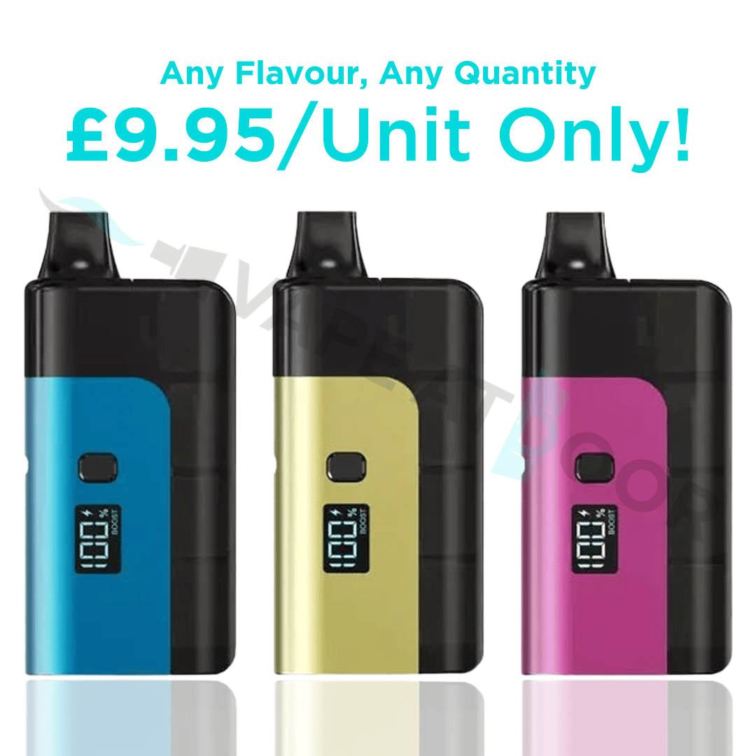 Three Titan X 50k Prefilled Pod Kits in blue, gold, and pink with digital displays on a white background.