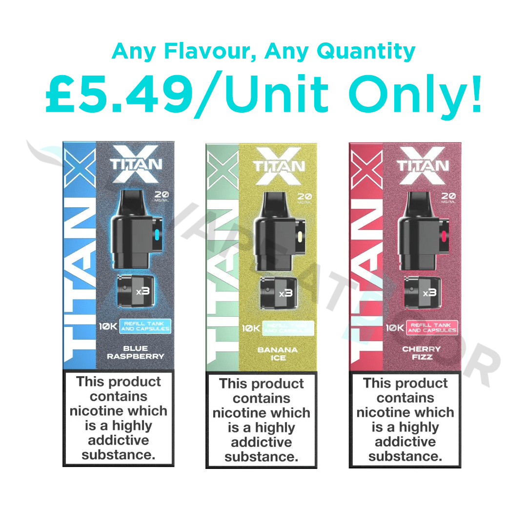 Three Titan x 10k replacement pod packages with flavor options and pricing information on a white background.