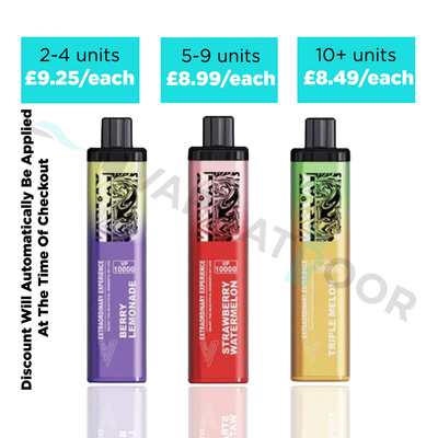 Three Vapplay VP10000 vape devices with different colors and flavors, displayed with pricing information on a white background.