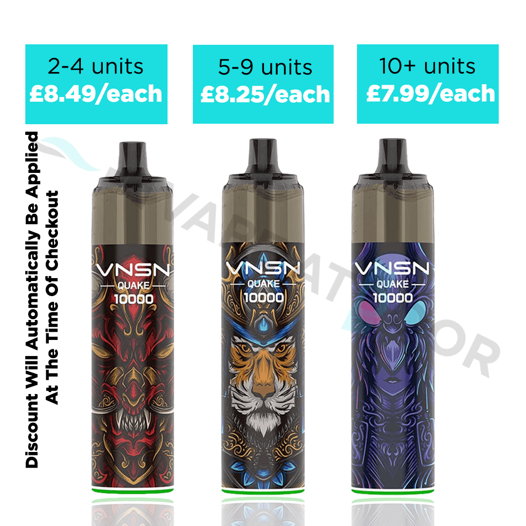 Three VNSN Quake 10000 Devices with mulitbuy discount details on a white background.