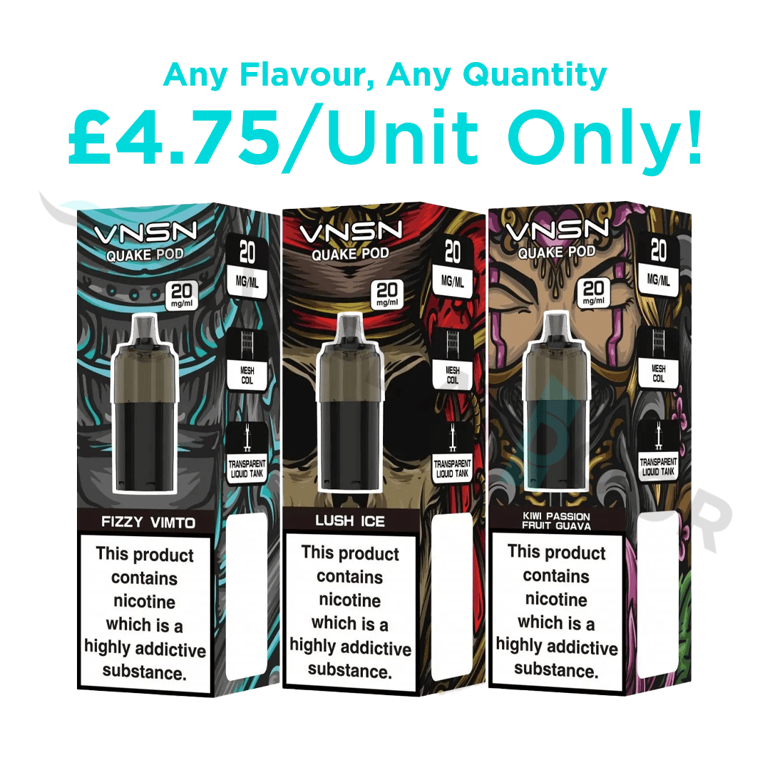 Three VNSN Quake pod packages with flavor options and nicotine warning labels on a white background.