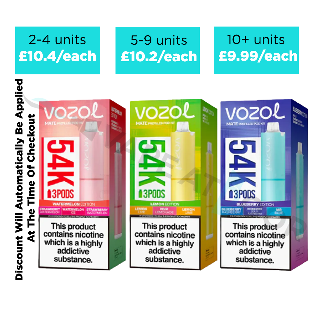 Three Vozol 54K vape pod boxes shown side by side on a white background with pricing callouts above each pack: 2-4 units for £10.4 each, 5-9 units for £10.