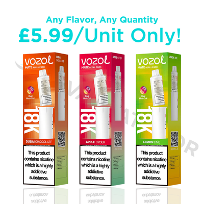 Three Vozol vape mate 18k pod boxes shown side by side on a white background with promotional text at the top: 'Any Flavor, Any Quantity' and '£5.99/Unit Only!'.
