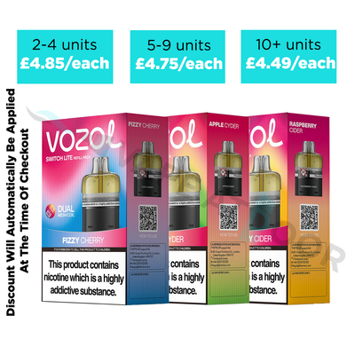 Four Vozol switch lite pods boxes shown side by side in Cherry, Apple Cider, and Raspberry Cider flavors, with unit pricing callouts above each pack and a nicotine warning label on the front.