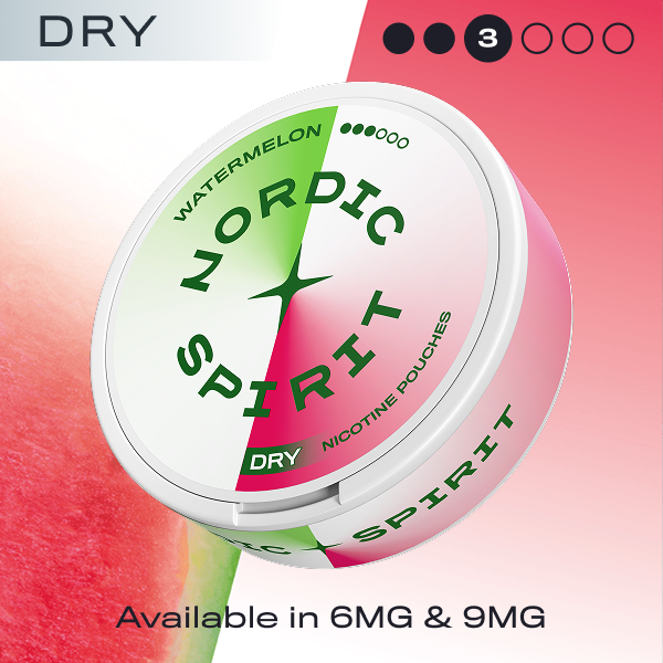 Nordic Spirit watermelon nicotine pouches packaging with a watermelon slice in the background.