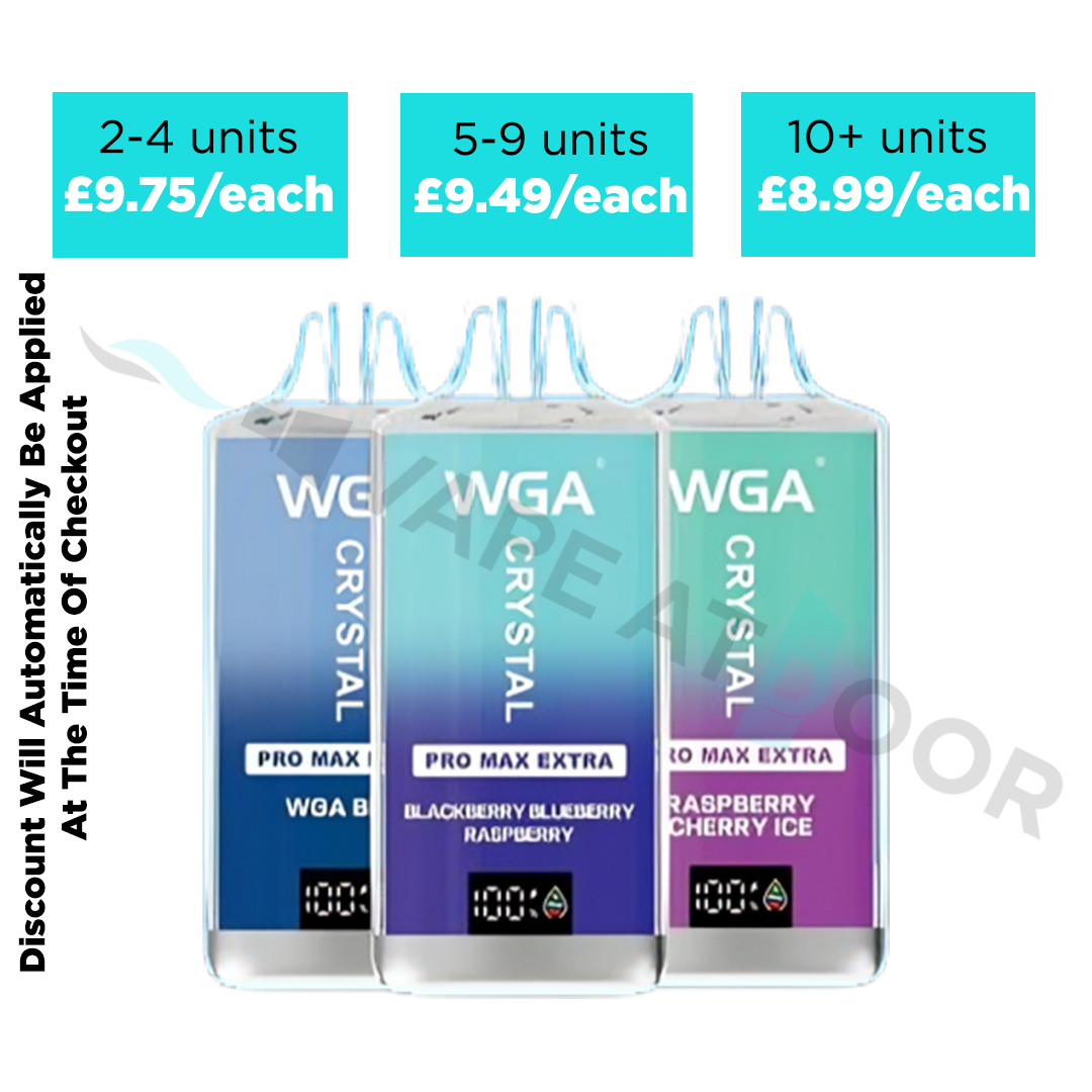 Three WGA Crystal disposable vape devices shown side by side in blue, blackberry-blueberry, and raspberry-cherry ice flavors, with pricing boxes above each unit on a white background.