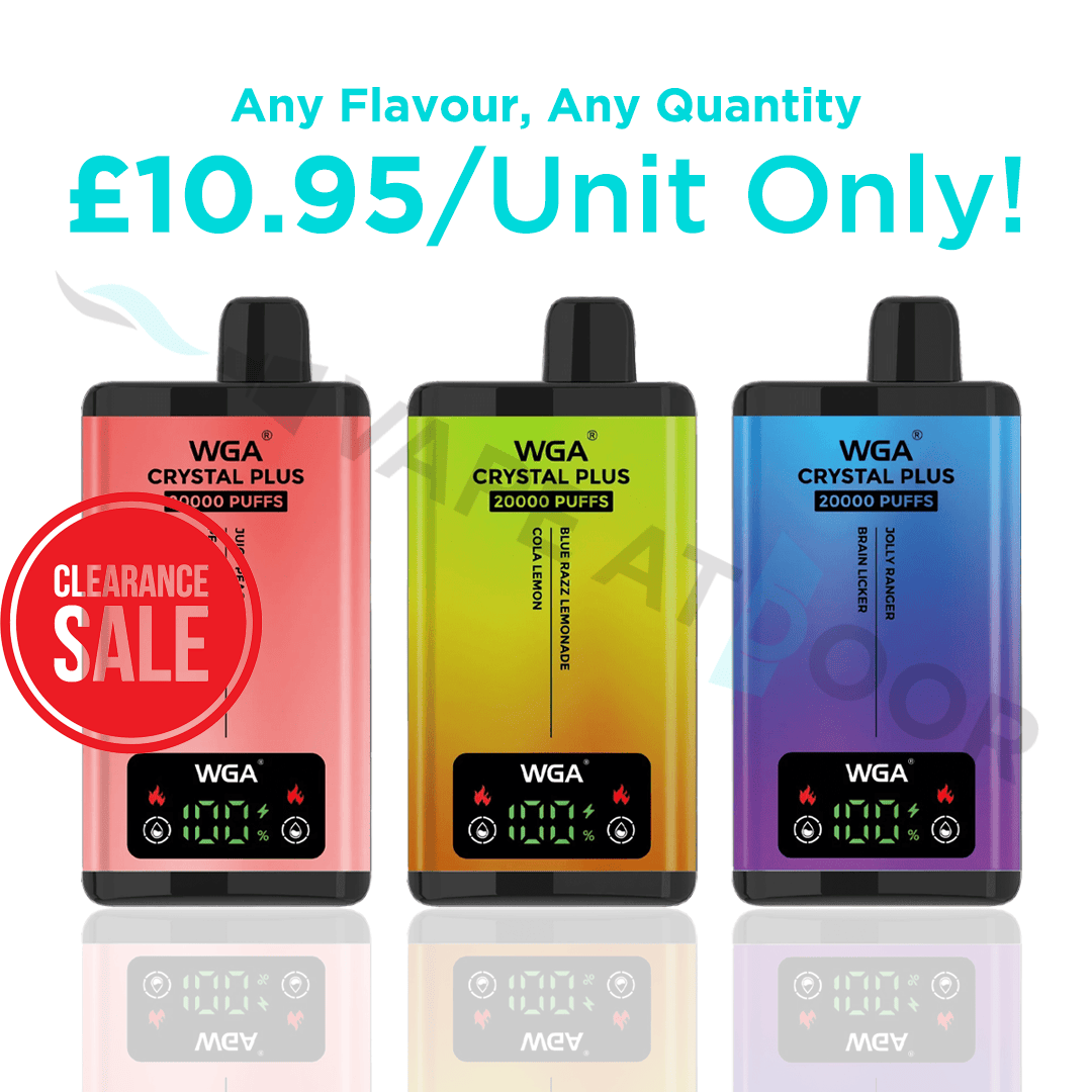 Three WGA Crystal Plus switch 20k vape devices in red, green, and blue with a clearance sale label on a white background.