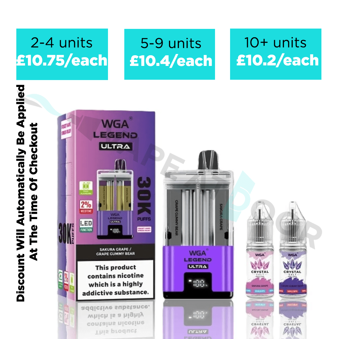 WGA Legend Ultra 30k Vaping device and packaging with pricing and quantity discount information on a white background