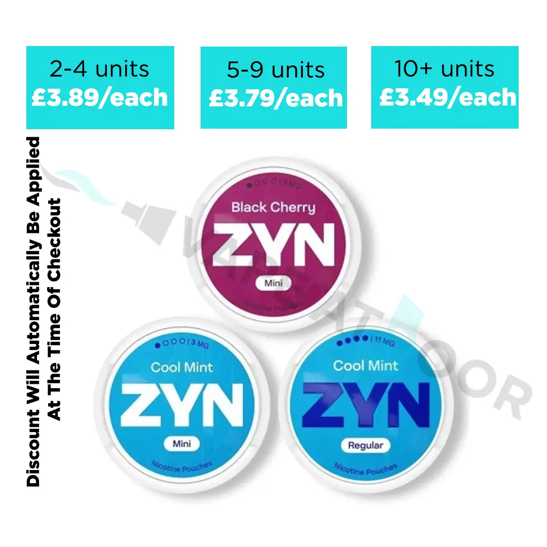ZYN nicotine pouches with pricing information on a white background